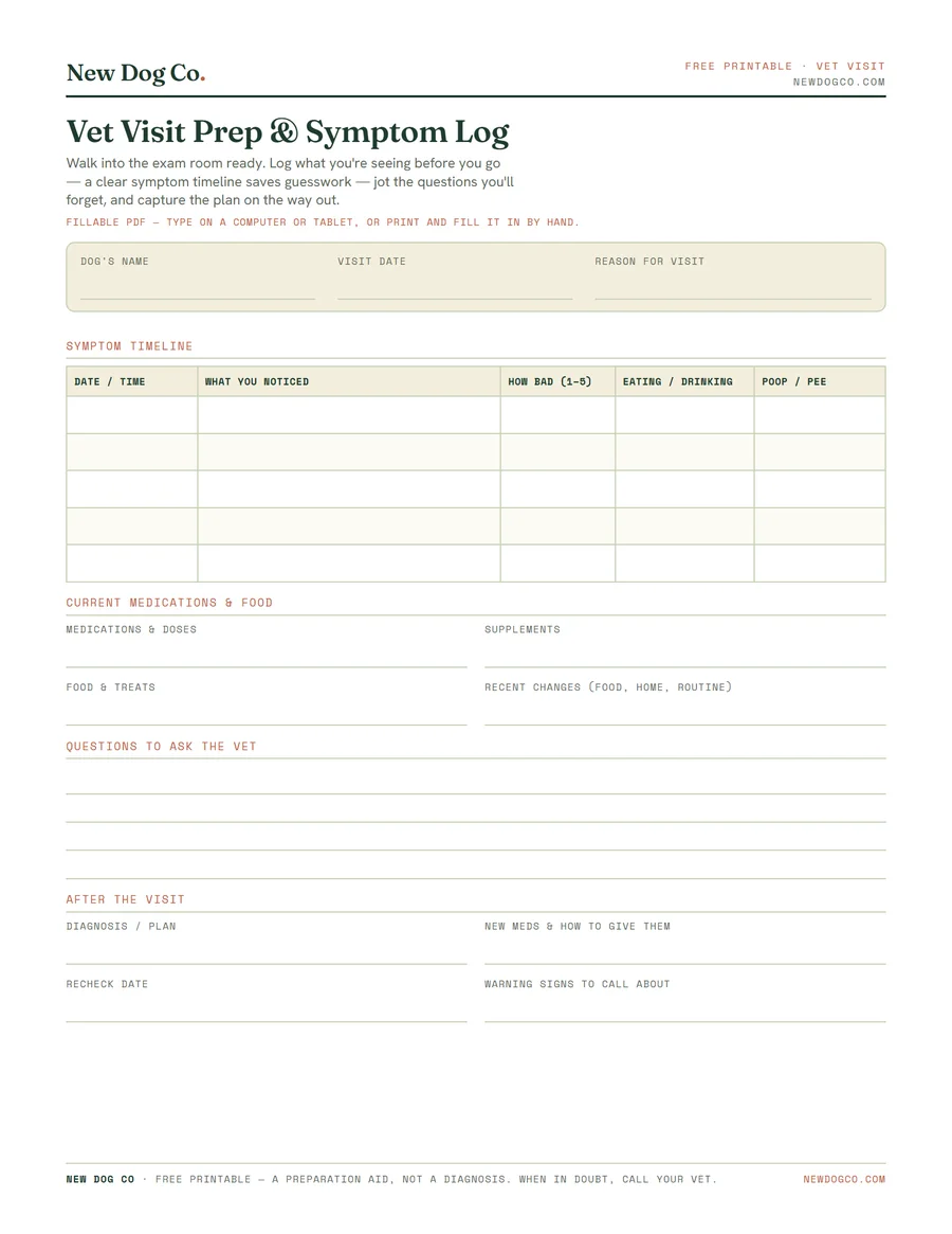 Vet Visit Prep Sheet & Symptom Log — free printable PDF preview