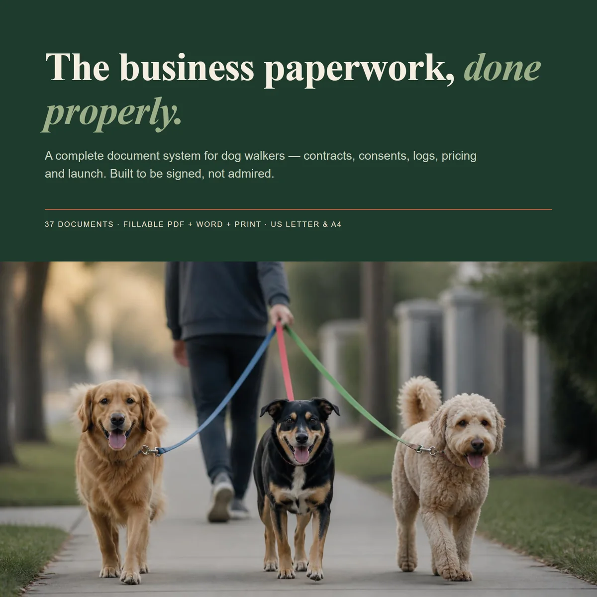 Dog Walking Business Kit — Team & Multi-Walker — 37 documents, fillable PDF plus Word and print