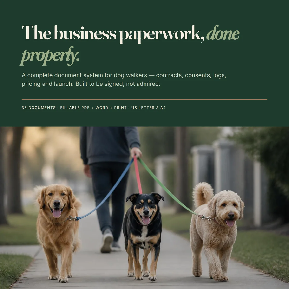 Dog Walking Business Forms Kit — 33 documents, fillable PDF plus Word and print